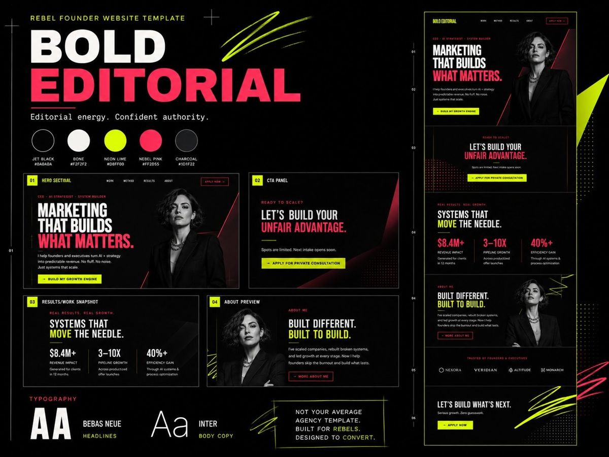 Bold Editorial design board: palette, typography, and layout direction