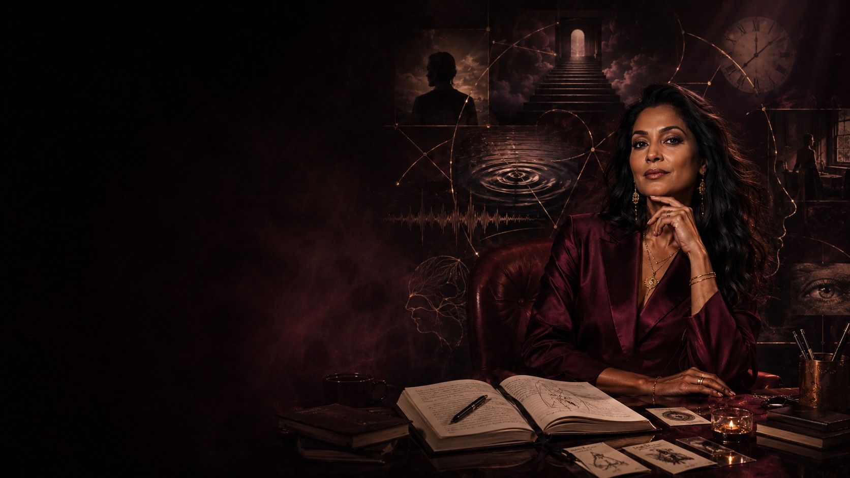 Sheila Balgobin seated at a candlelit desk with an open dream journal, surrounded by softly glowing dream symbols including a staircase, a doorway, a clock, and rippling water.