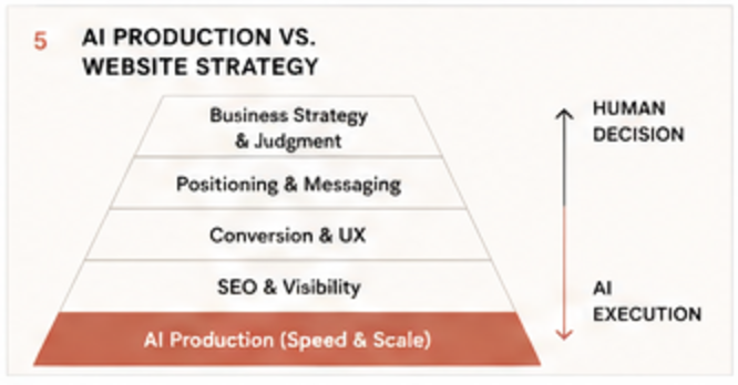 Pyramid: business strategy, positioning, conversion and SEO are human decisions; AI handles production speed and scale at the base