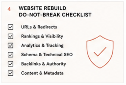 Website rebuild do-not-break checklist: URLs and redirects, rankings and visibility, analytics and tracking, schema and technical SEO, backlinks and authority, content and metadata