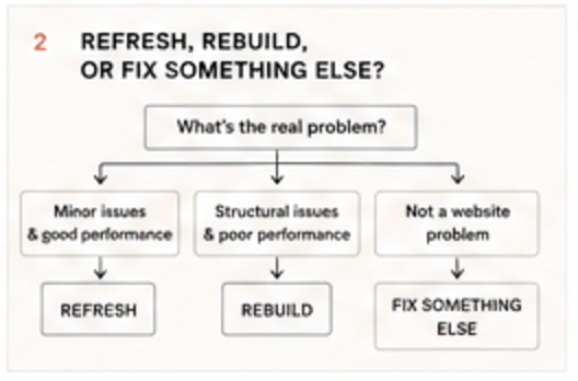 Decision flowchart: minor issues with good performance point to a refresh, structural issues to a rebuild, and non-website problems to fixing something else