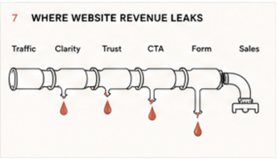 A pipe leaking at six points: traffic, clarity, trust, CTA, form and sales