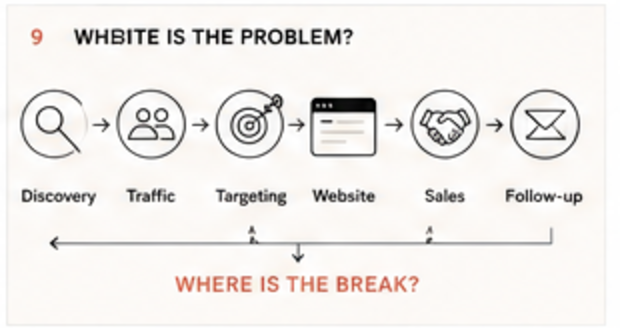 The full buyer path from discovery through traffic, targeting, website, sales and follow-up, asking where the break is