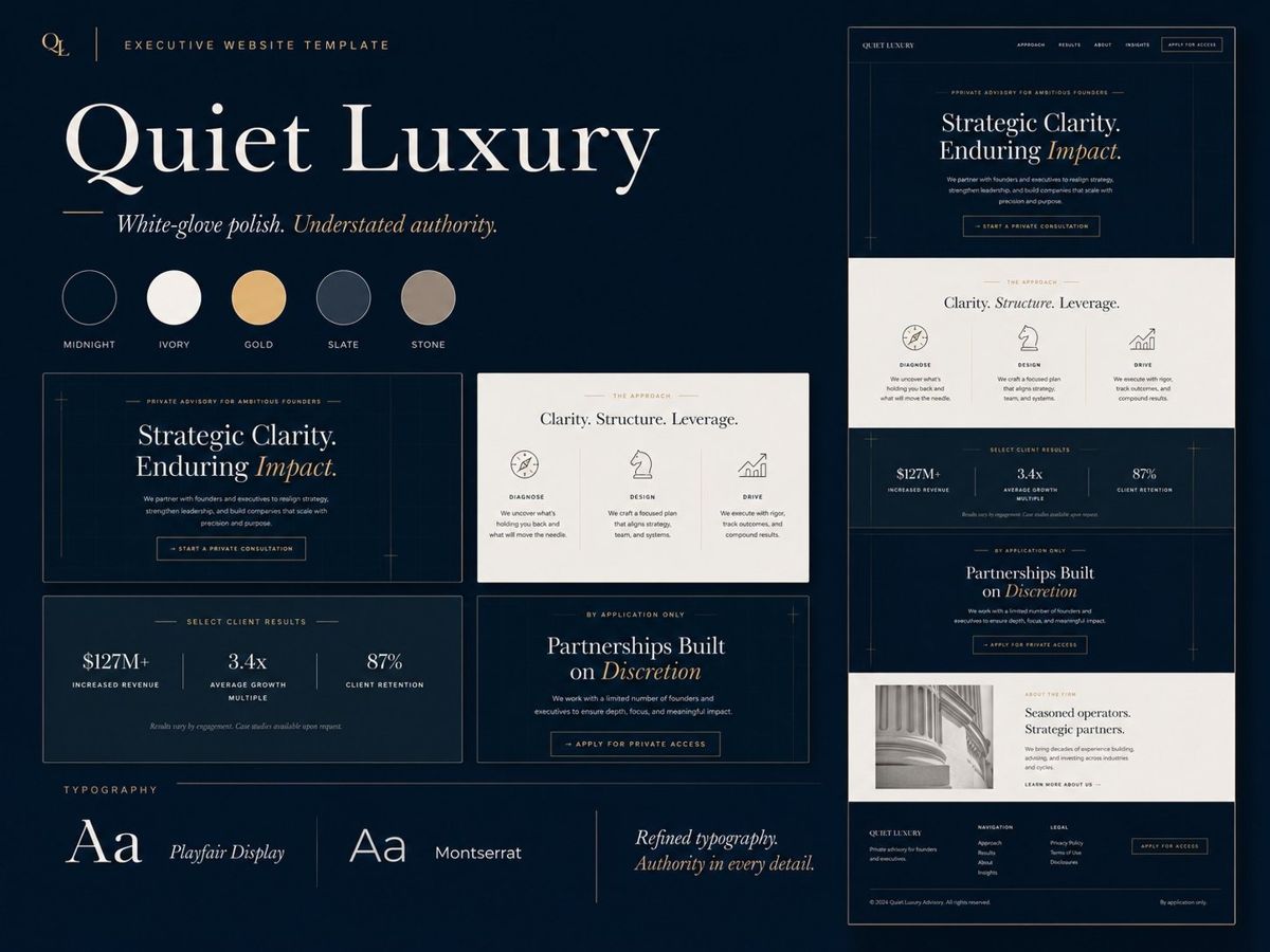 Quiet Luxury design board: palette, typography, and layout direction