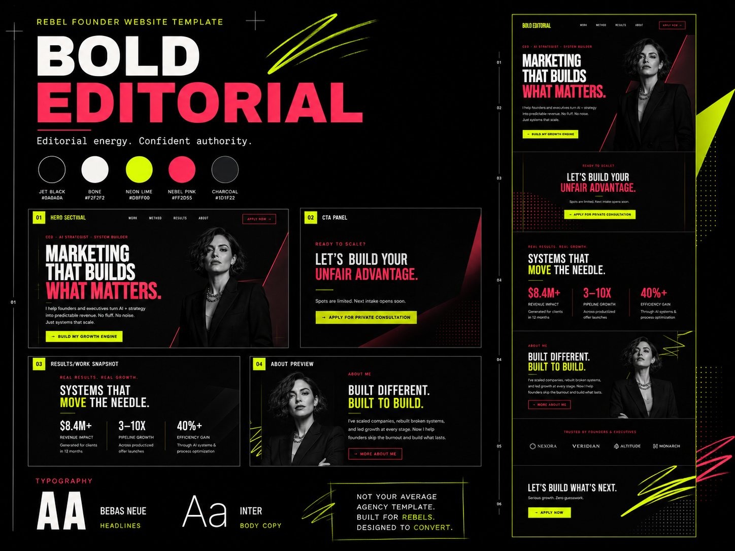 Bold Editorial design board: palette, typography, and layout direction
